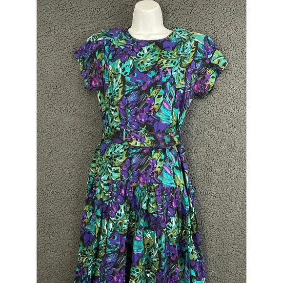 VTG Luci Pellini Tropical Floral Print Dress Sz 10 Regular 80's Belted Women's - Picture 11 of 14